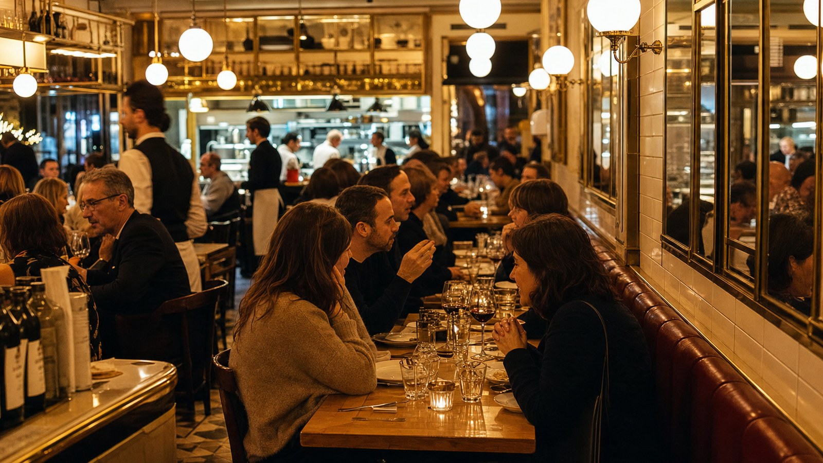 Bustling brasserie and bistro dining room