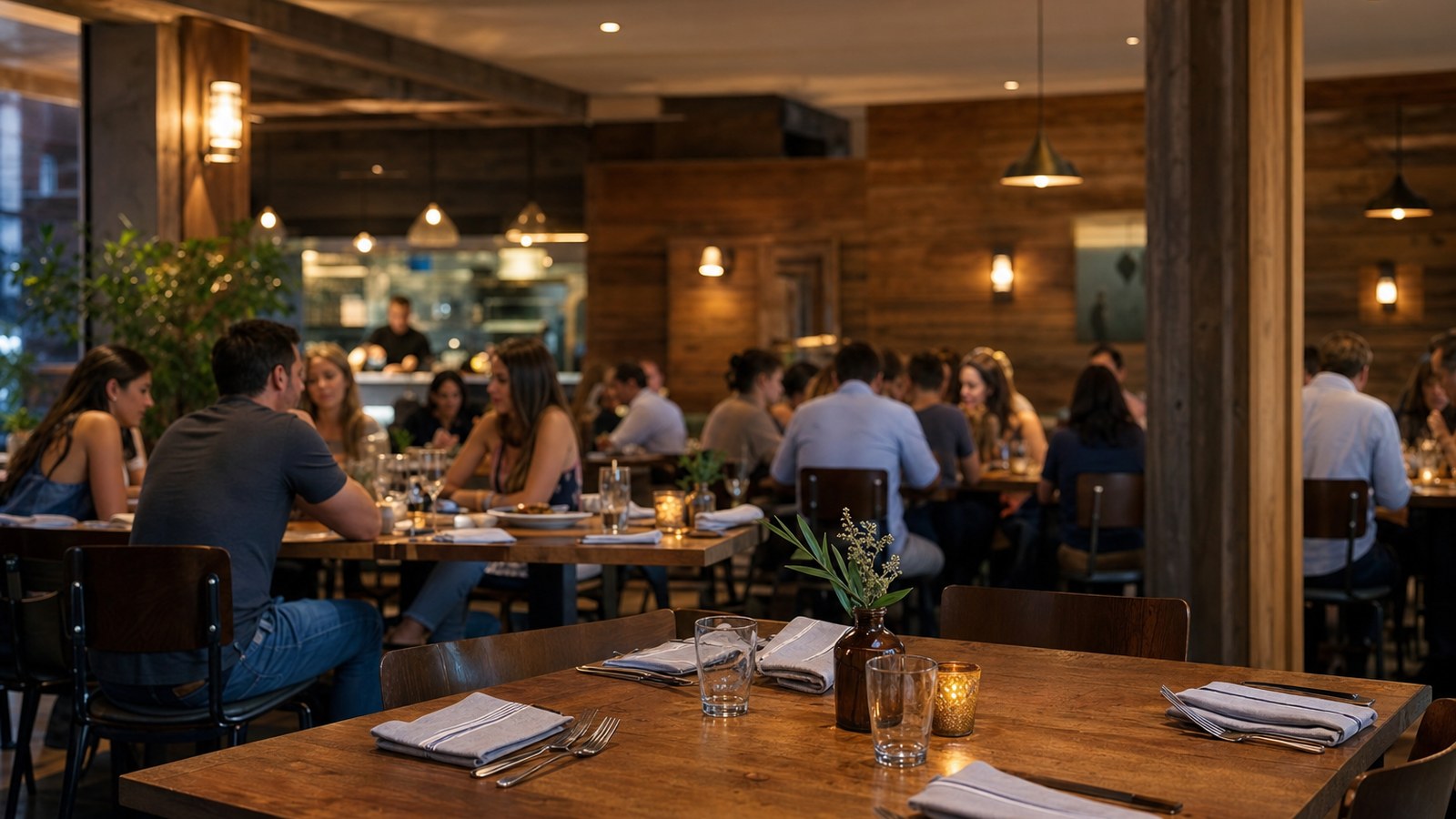 Welcoming casual restaurant interior with guests dining